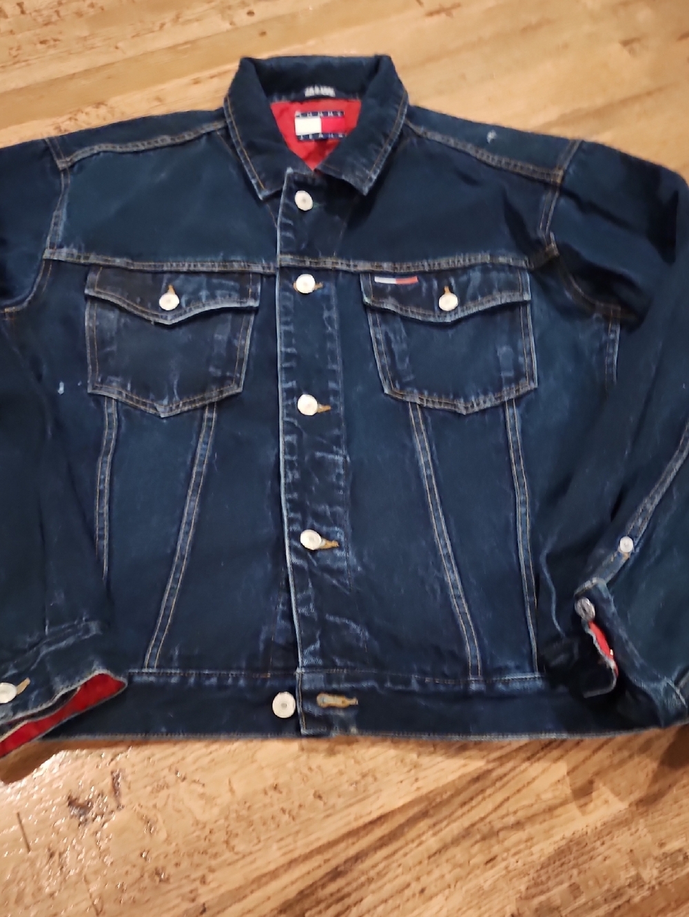 Vintage Tommy Hilfiger Navy Denim Jacket with Red Trim